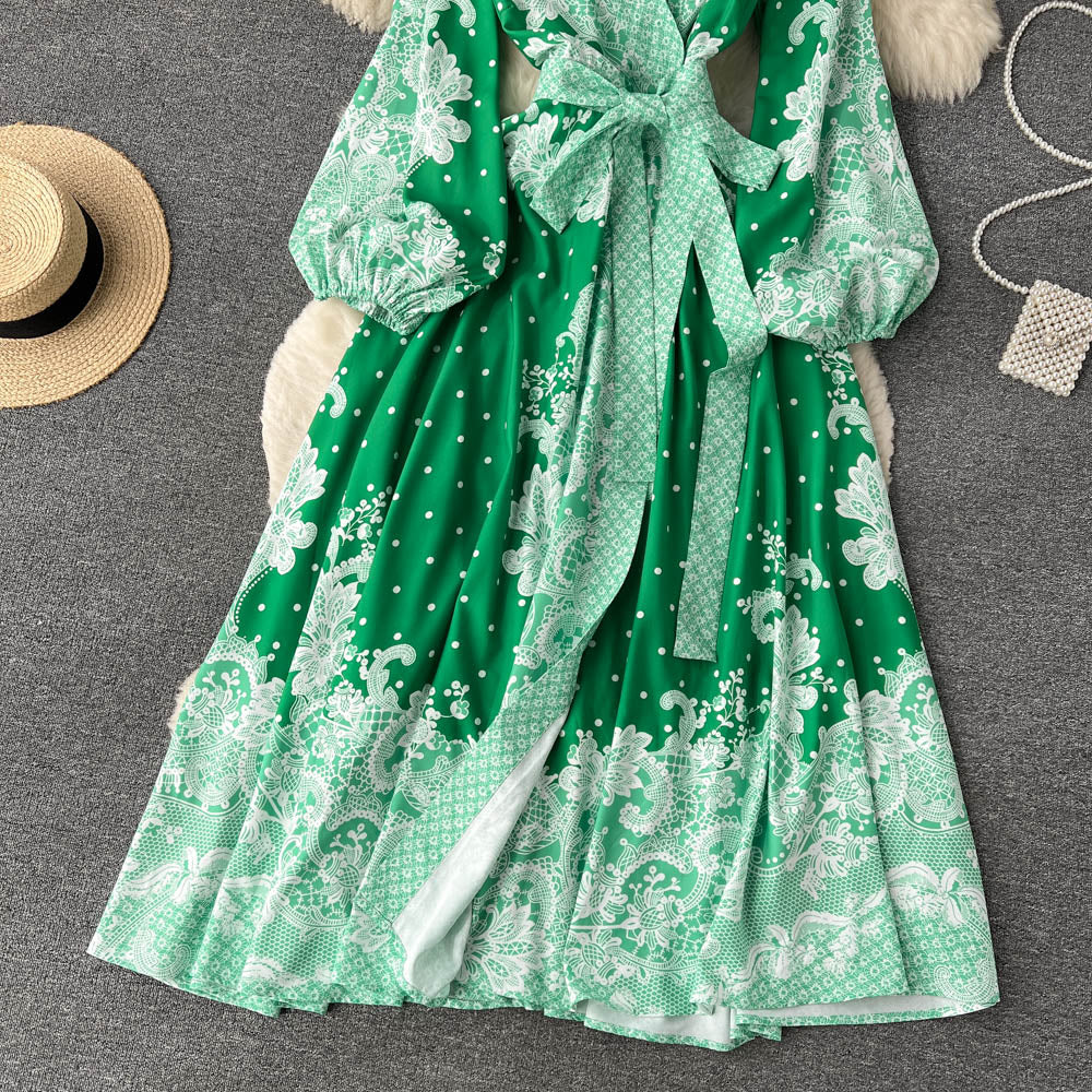 European And American Ins Vintage Court Style Printed Lantern Sleeve V-neck Lace Up Large Swing Dress