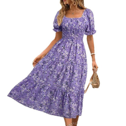 Square Collar Waist-tight Puff Sleeve Layered Dress