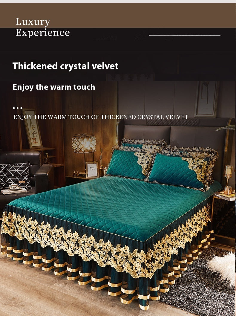 Lace Quilted Rhinestone Velvet Bed Skirt Protective Sleeve