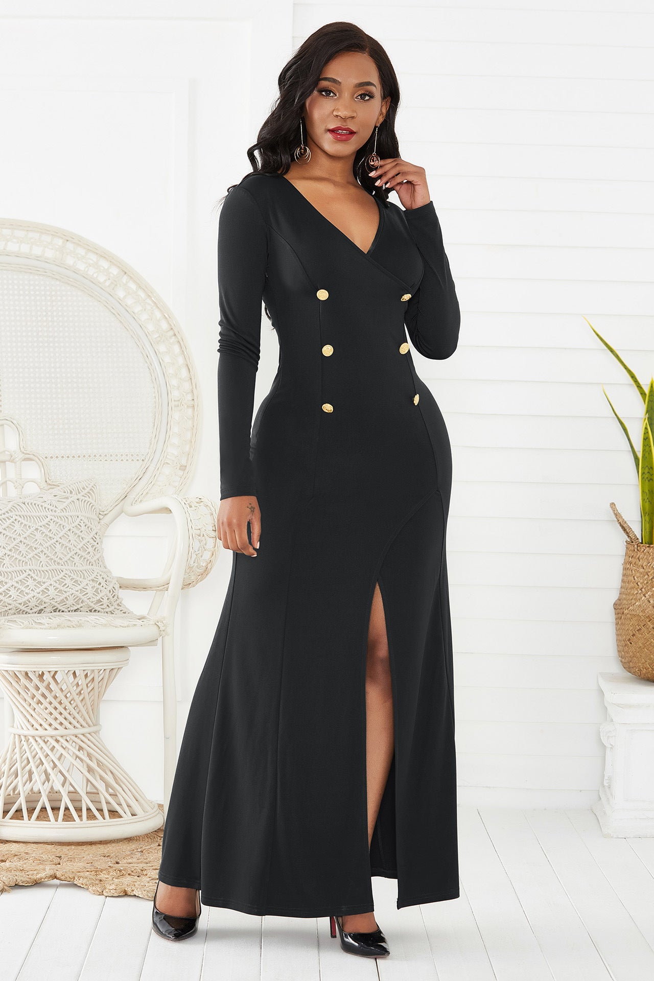 Sexy Party Long Dress V-neck Long-sleeved With Hip Slit