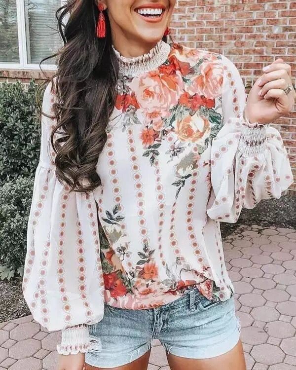 Chiffon Printed Lantern Sleeve Small Turtleneck Long Sleeve Shirt