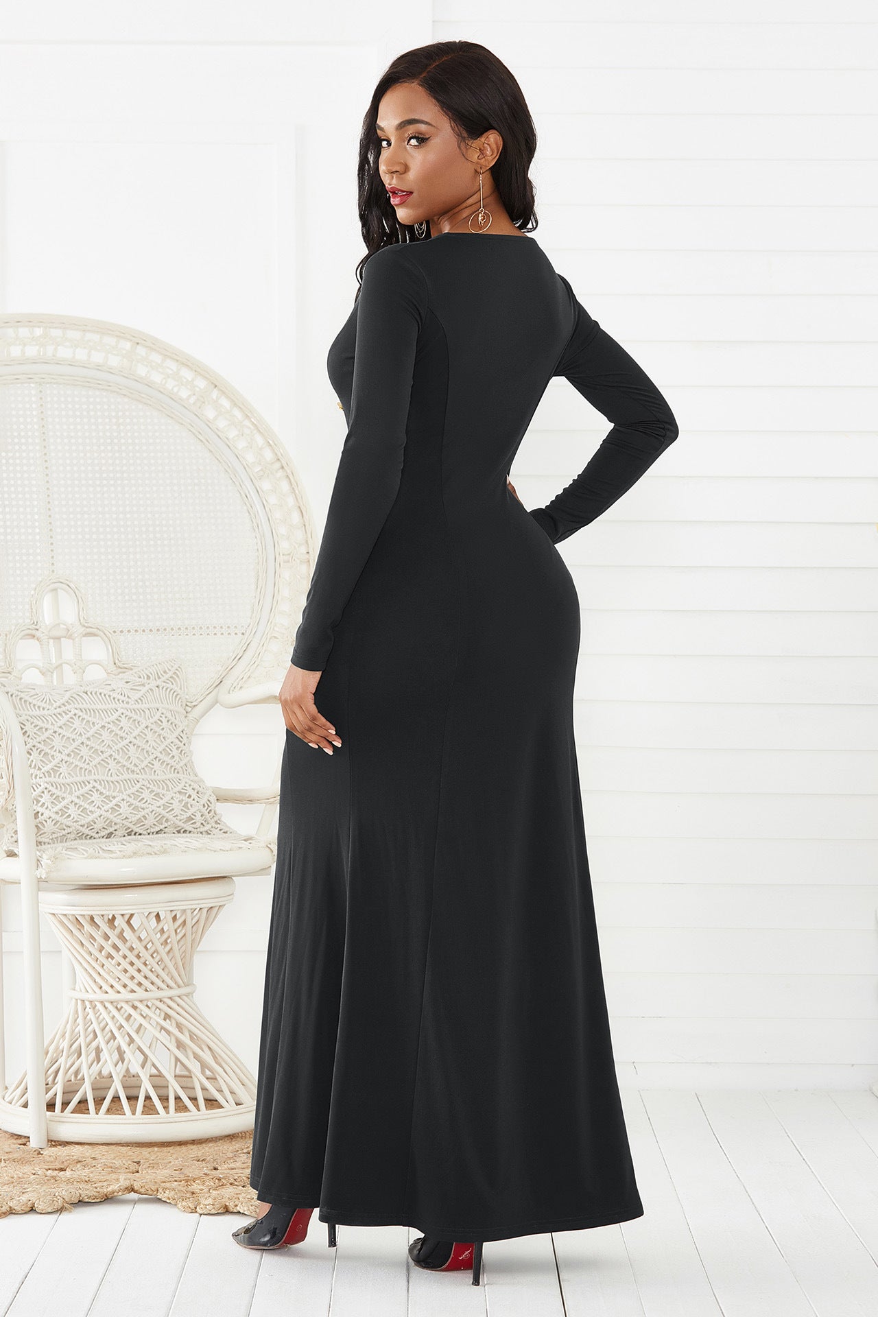 Sexy Party Long Dress V-neck Long-sleeved With Hip Slit