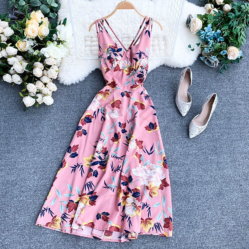 Ladies summer V-neck chiffon print dress