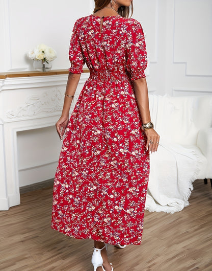Women's Fashion Print Waist-Cinching Bubble Sleeve Dress