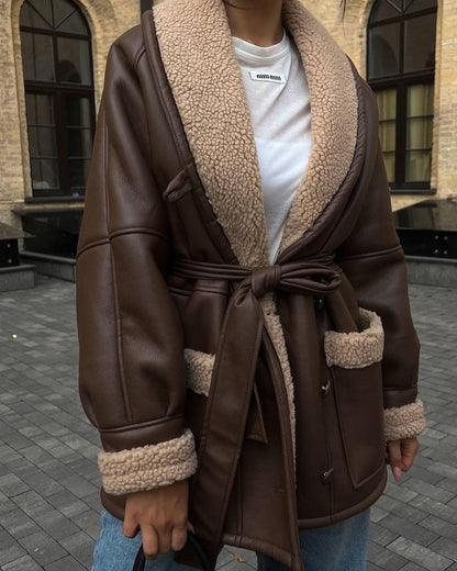 Leather Style Long Sleeve Splicing Coat Women