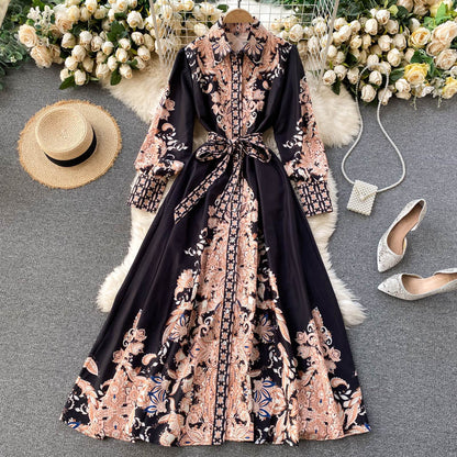 Dark Retro Palace Style Print Temperament Slim Mid-length Dress