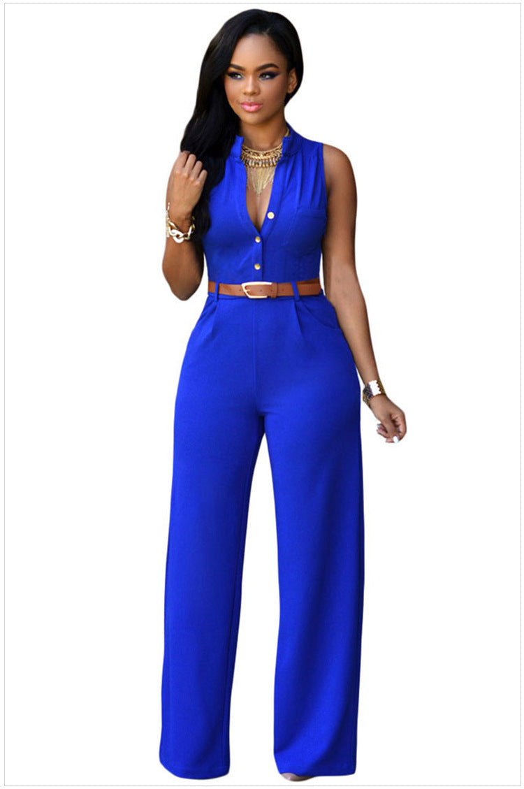 Single-Breasted High-Waisted Wide-Leg Jumpsuit With Belt