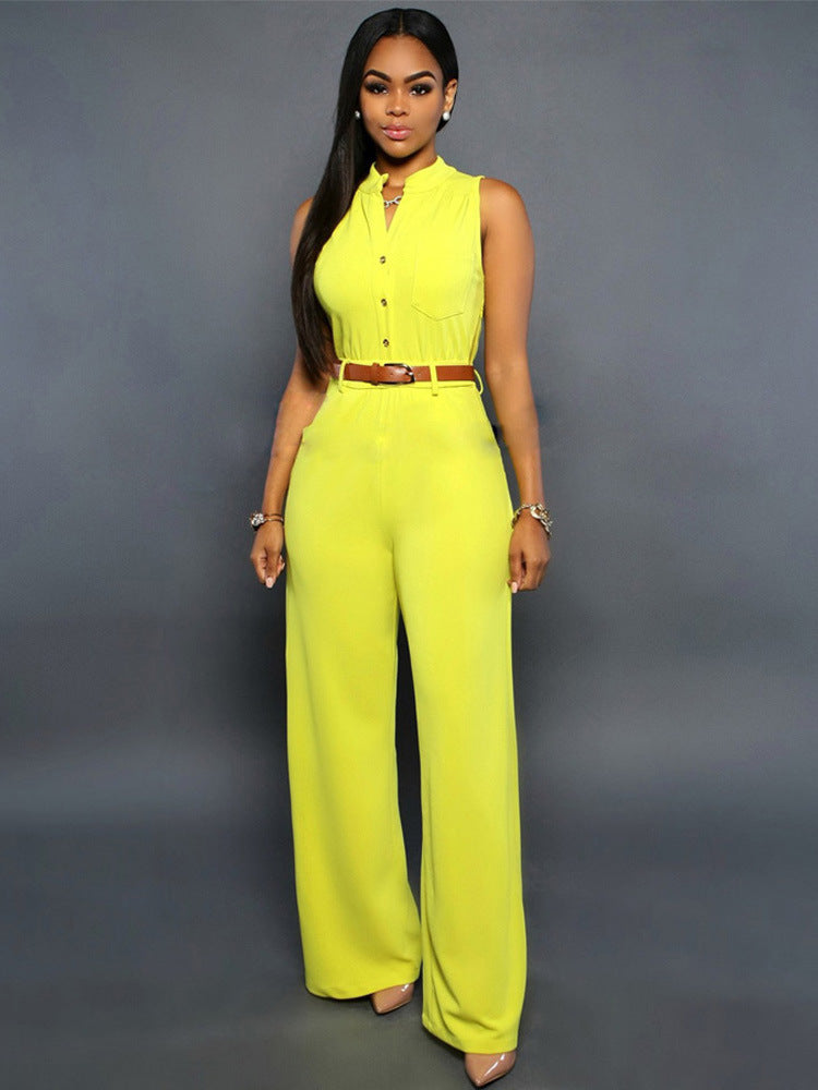 Single-Breasted High-Waisted Wide-Leg Jumpsuit With Belt