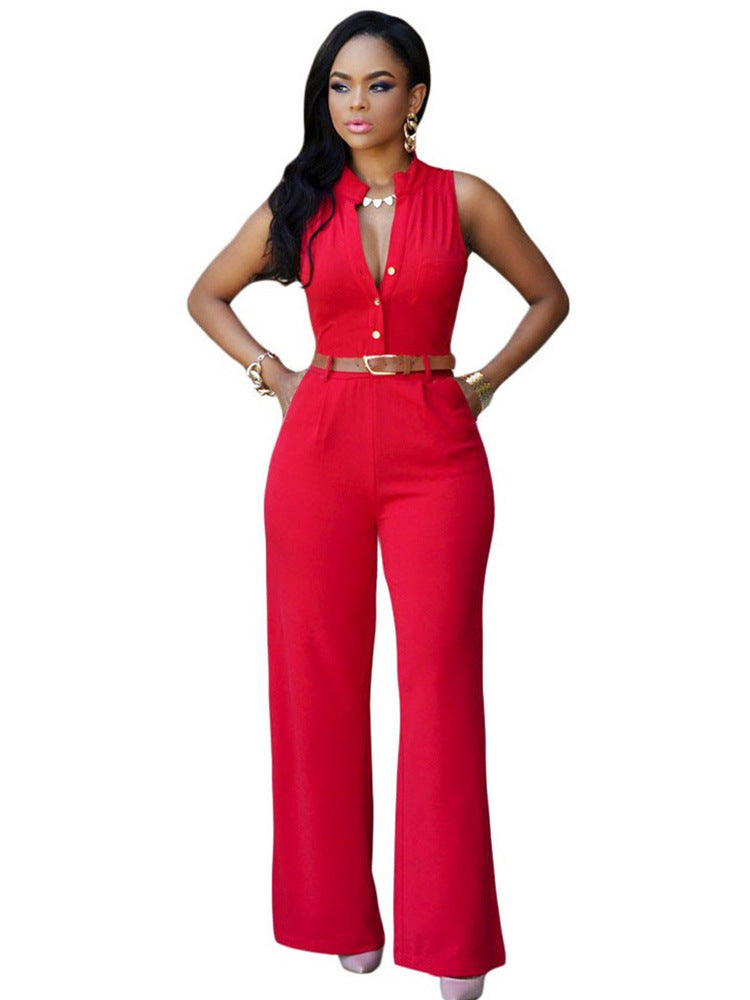 Single-Breasted High-Waisted Wide-Leg Jumpsuit With Belt