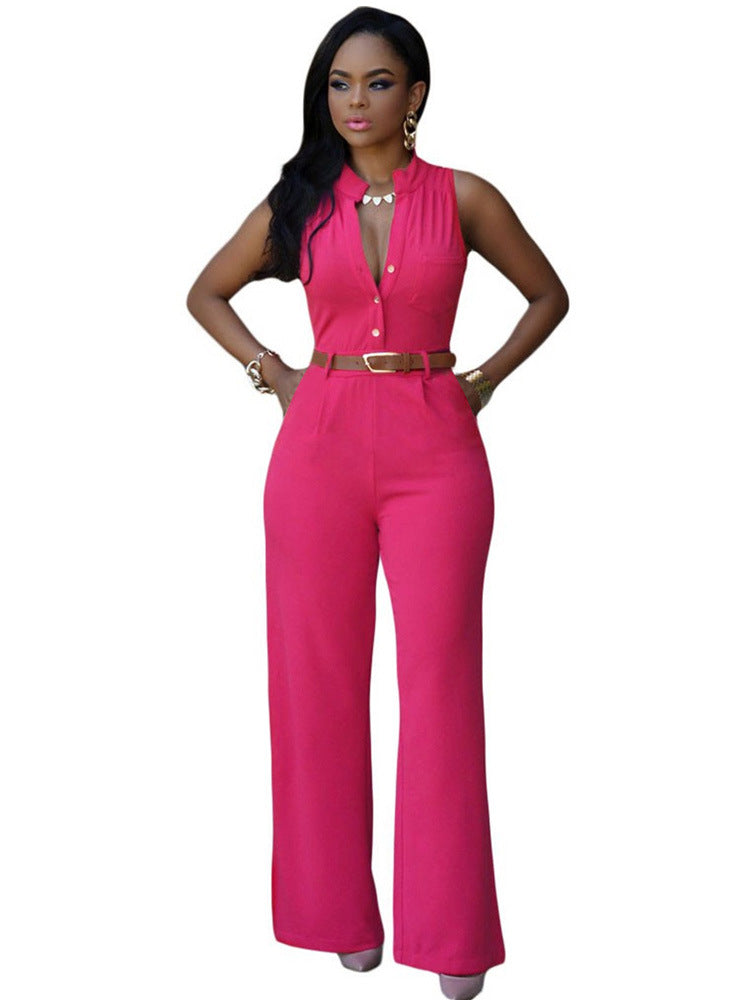 Single-Breasted High-Waisted Wide-Leg Jumpsuit With Belt