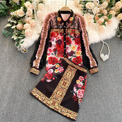 Palace Style Vintage Print Shirt High Waist Skirt Suit