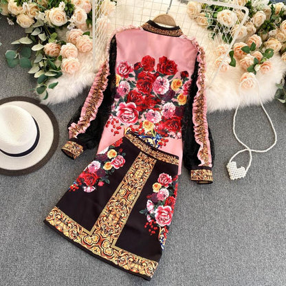 Palace Style Vintage Print Shirt High Waist Skirt Suit