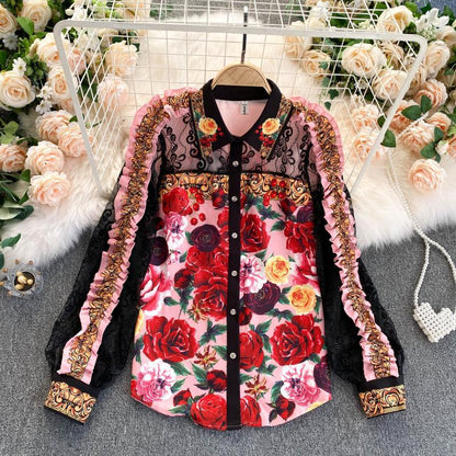 Palace Style Vintage Print Shirt High Waist Skirt Suit