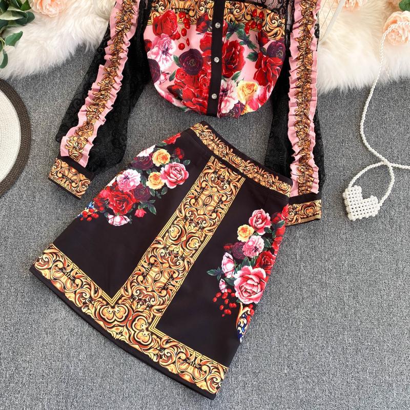 Palace Style Vintage Print Shirt High Waist Skirt Suit