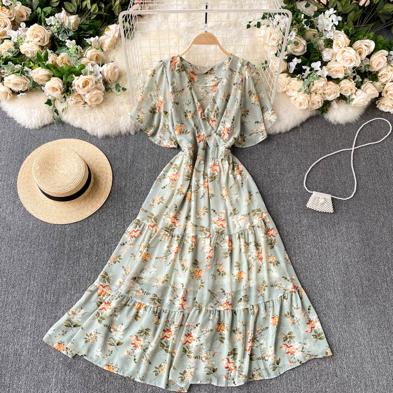 Floral Floral Dress Women Summer Dress V-Neck Slim Mid-Length Ruffled Holiday Skirt