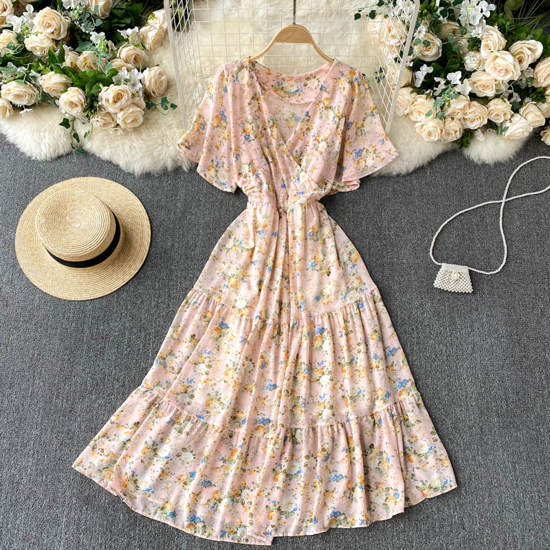 Floral Floral Dress Women Summer Dress V-Neck Slim Mid-Length Ruffled Holiday Skirt