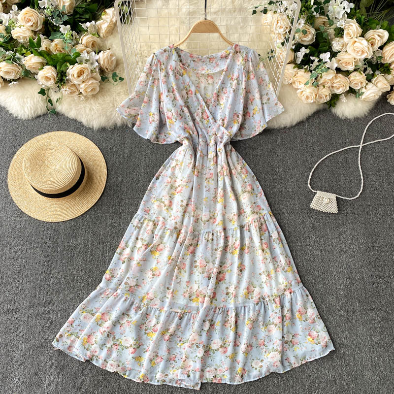 Floral Floral Dress Women Summer Dress V-Neck Slim Mid-Length Ruffled Holiday Skirt