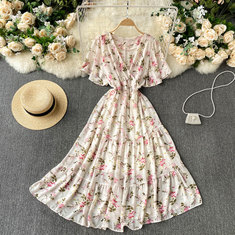 Floral Floral Dress Women Summer Dress V-Neck Slim Mid-Length Ruffled Holiday Skirt