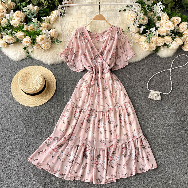 Floral Floral Dress Women Summer Dress V-Neck Slim Mid-Length Ruffled Holiday Skirt