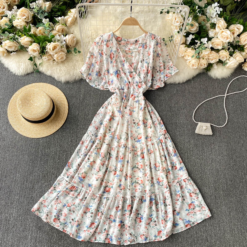 Floral Floral Dress Women Summer Dress V-Neck Slim Mid-Length Ruffled Holiday Skirt