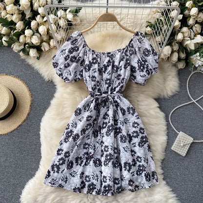 Women's Summer Puff Sleeve Slim Short Printed Dress