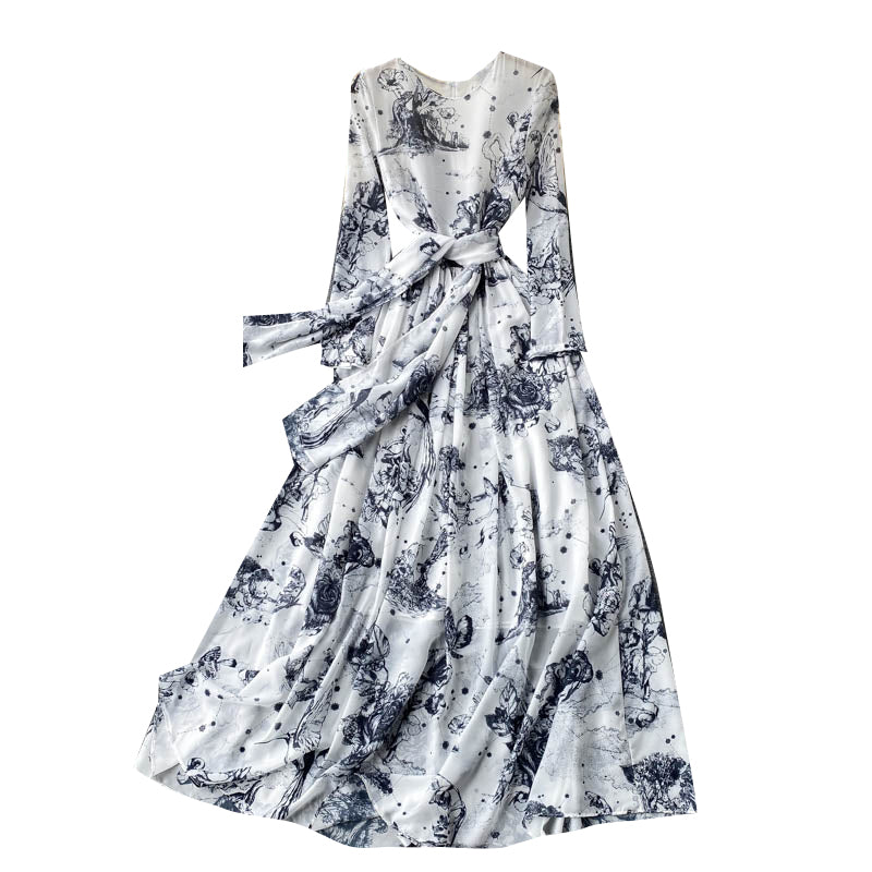 Summer Women's Design Sense Ink Printing Slim Long Dress