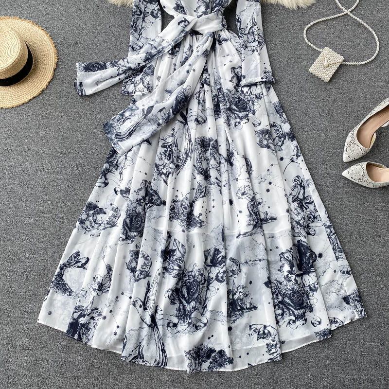 Summer Women's Design Sense Ink Printing Slim Long Dress