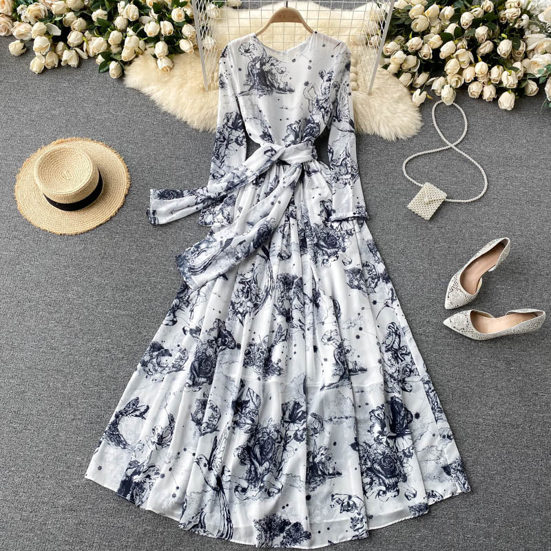 Summer Women's Design Sense Ink Printing Slim Long Dress