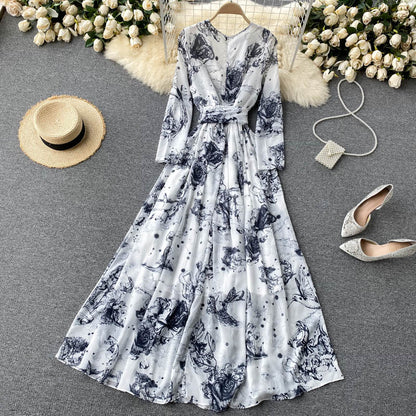 Summer Women's Design Sense Ink Printing Slim Long Dress