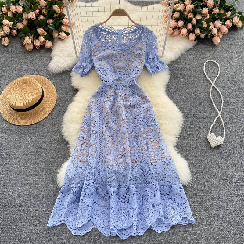 Temperament Round Neck Slim Mid-length Sweet Lace Skirt