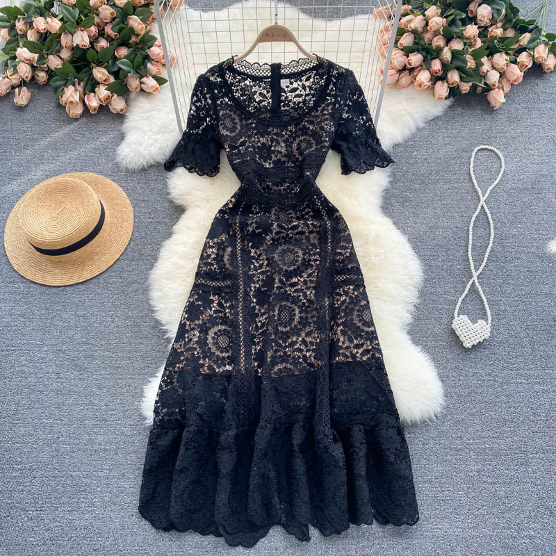 Temperament Round Neck Slim Mid-length Sweet Lace Skirt