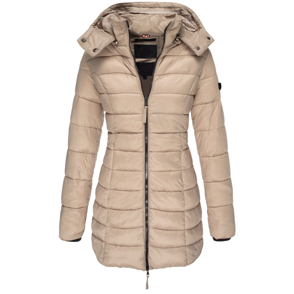 Beige puffer jacket on a white background with 'khaki' label.