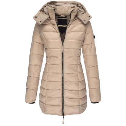 Beige puffer jacket on a white background with 'khaki' label.