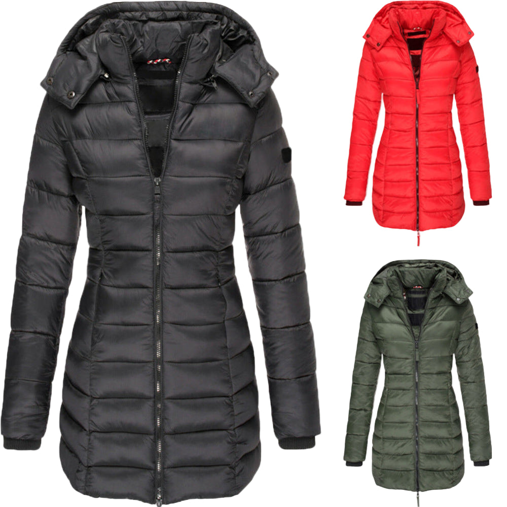 Three puffer jackets in black, red, and green on a white background