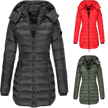 Three puffer jackets in black, red, and green on a white background