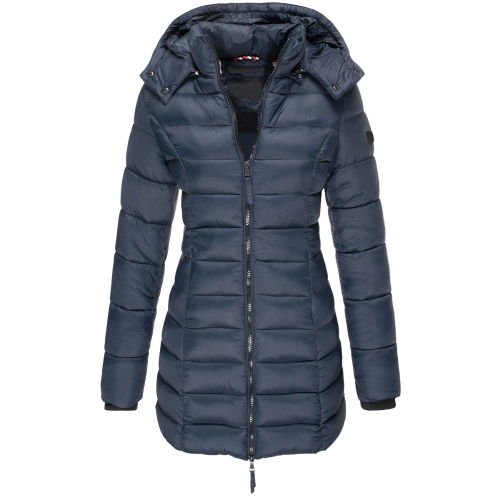 Navy blue puffer jacket on a white background