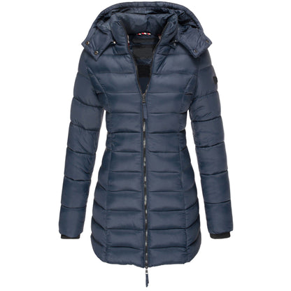 Navy blue puffer jacket on a white background