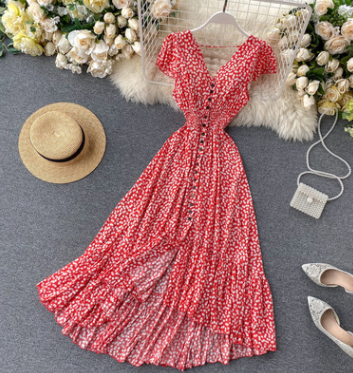 Vacation Style Sexy Backless Super Fairy Sweet Floral Design Irregular Ruffle Dress