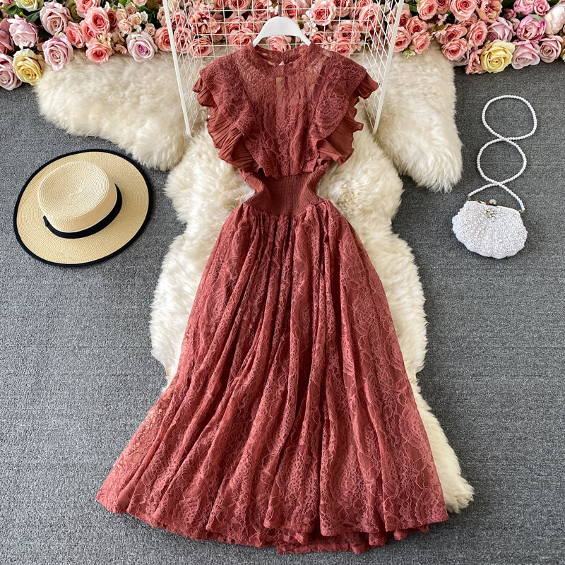 Lace Round Neck Dress Elegant Ruffled Large Swing Dress