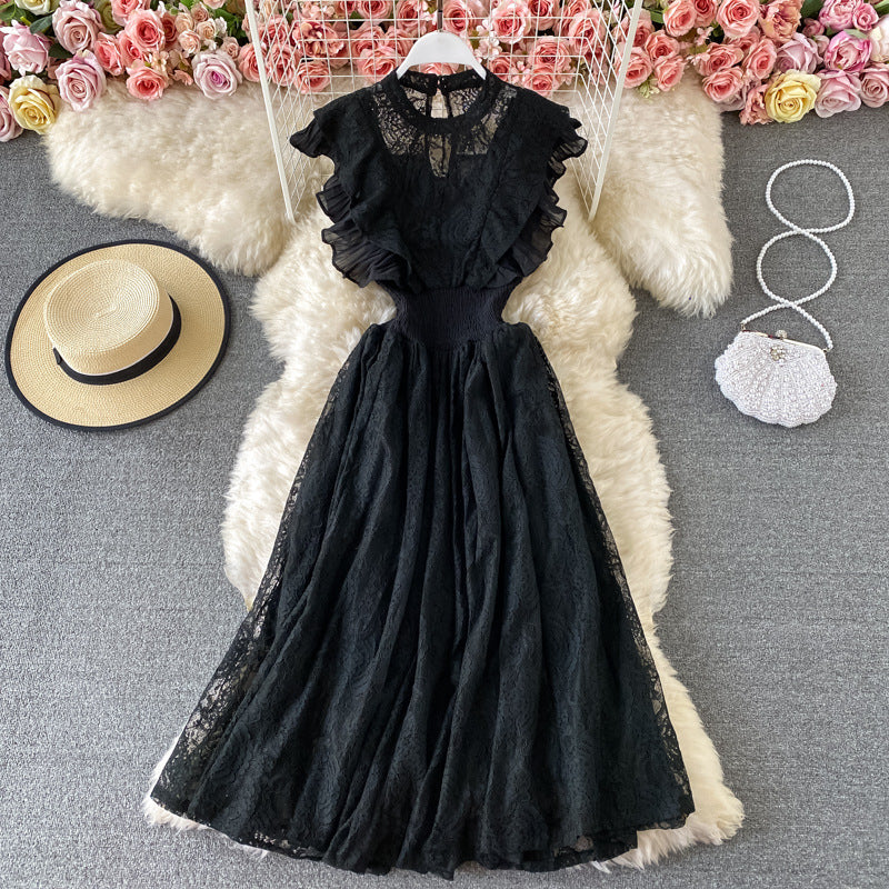 Lace Round Neck Dress Elegant Ruffled Large Swing Dress