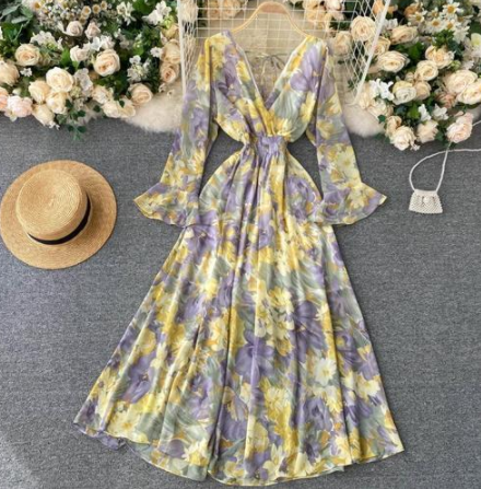 Halter Lace Dress Female Autumn Retro Flared Sleeve Waist Long Floral Skirt