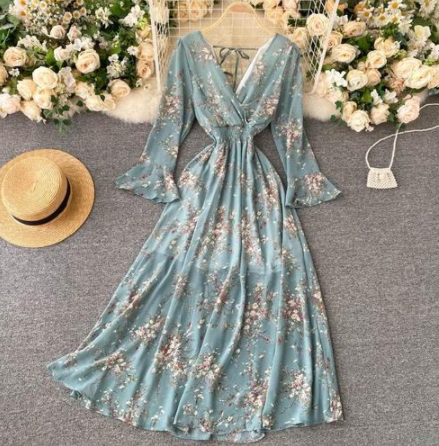 Halter Lace Dress Female Autumn Retro Flared Sleeve Waist Long Floral Skirt