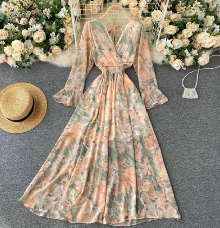 Halter Lace Dress Female Autumn Retro Flared Sleeve Waist Long Floral Skirt