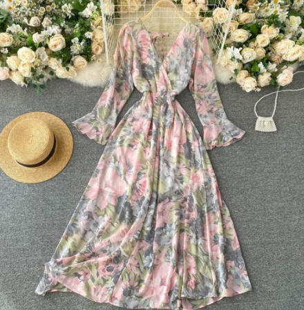 Halter Lace Dress Female Autumn Retro Flared Sleeve Waist Long Floral Skirt