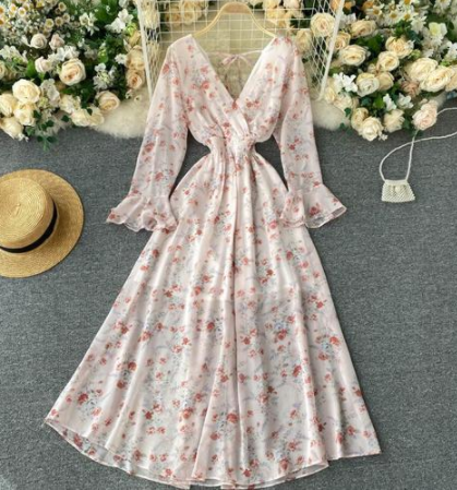 Halter Lace Dress Female Autumn Retro Flared Sleeve Waist Long Floral Skirt