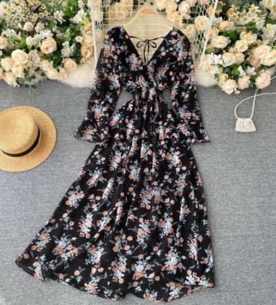 Halter Lace Dress Female Autumn Retro Flared Sleeve Waist Long Floral Skirt