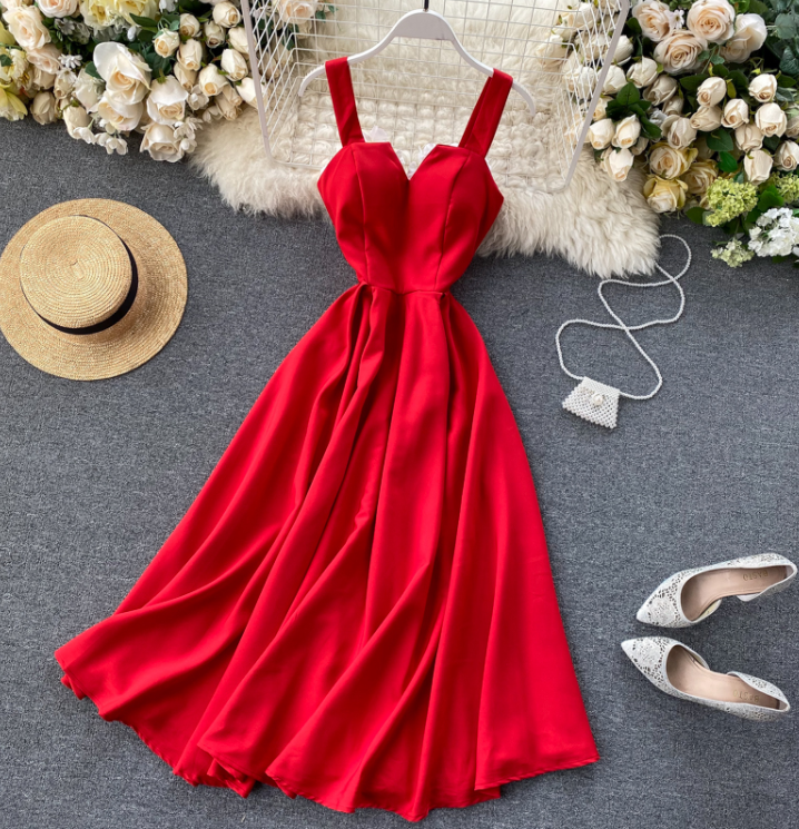 V-neck Halter Retro Solid Color Waist Slimming Long Skirt Female Dress