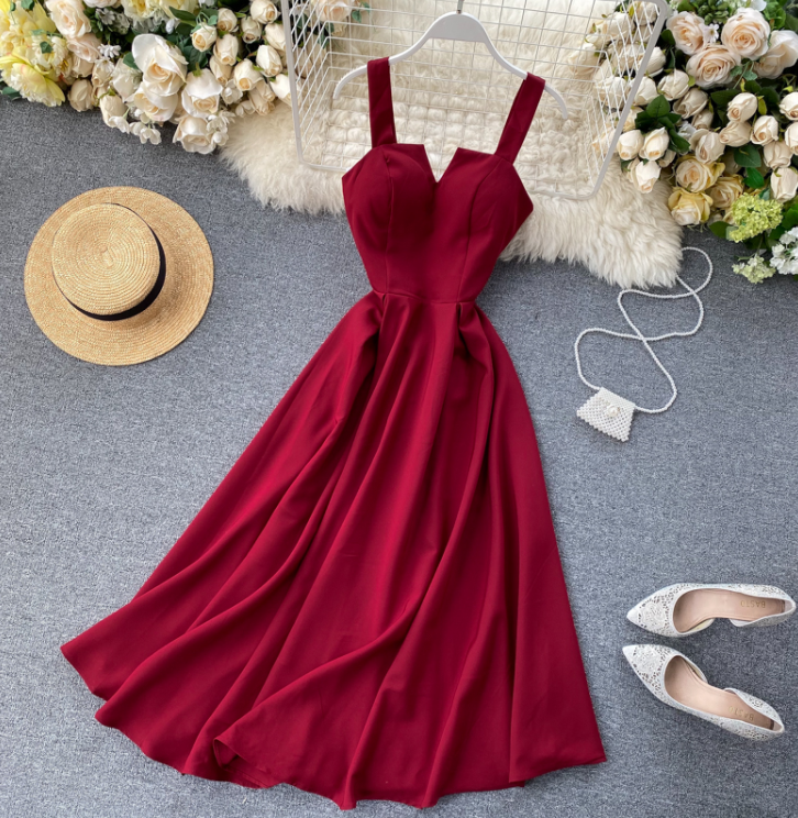 V-neck Halter Retro Solid Color Waist Slimming Long Skirt Female Dress