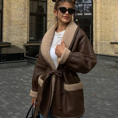 Leather Style Long Sleeve Splicing Coat Women