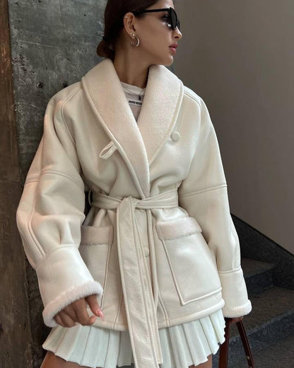 Leather Style Long Sleeve Splicing Coat Women